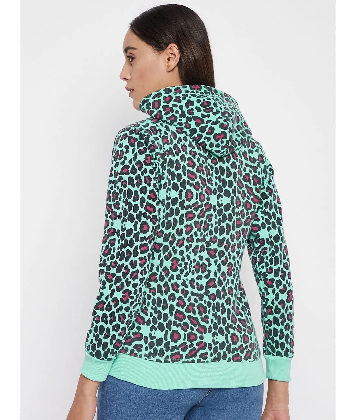 Animal Print Cotton Zippered Hoodie with Pockets