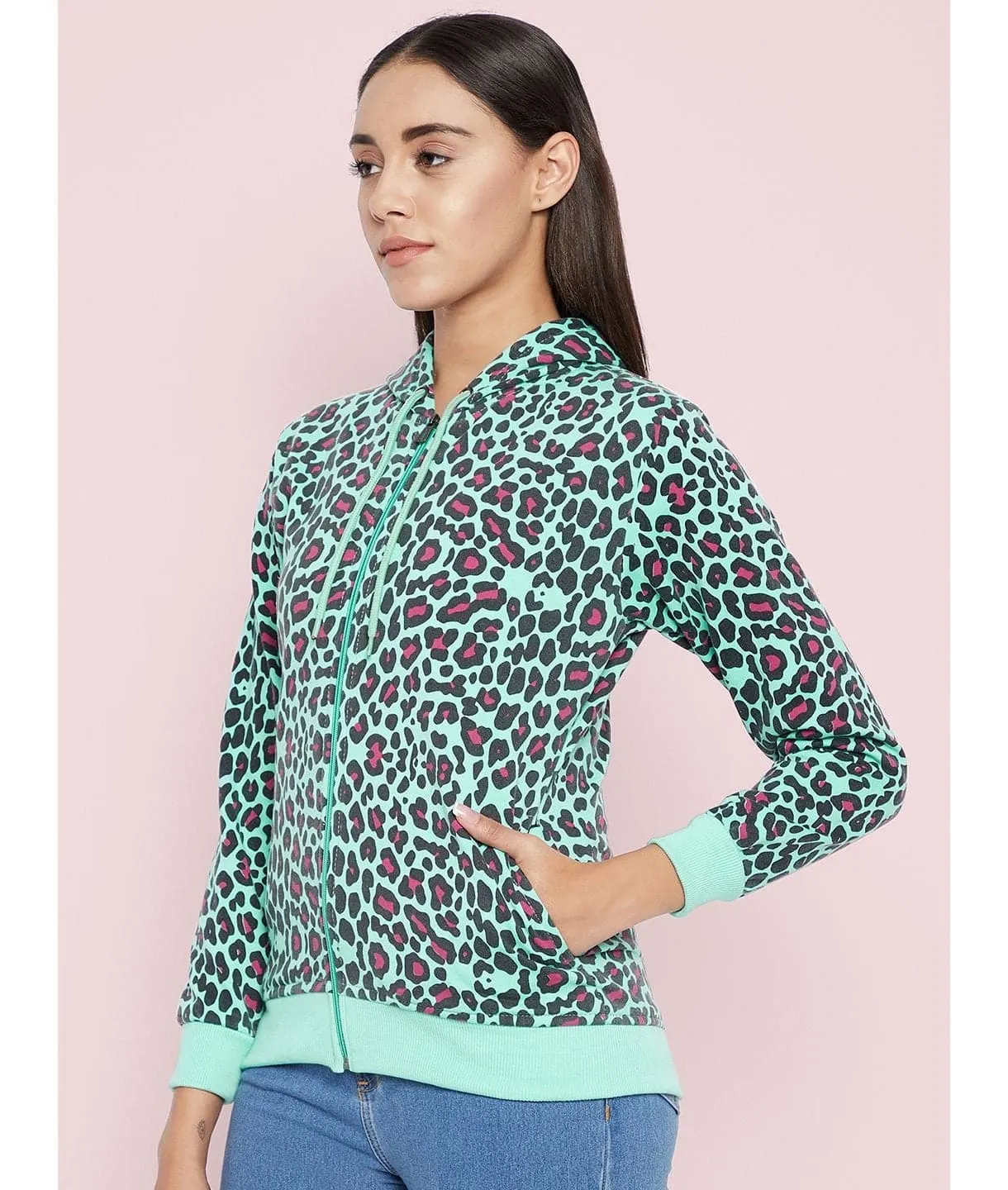 Animal Print Cotton Zippered Hoodie with Pockets