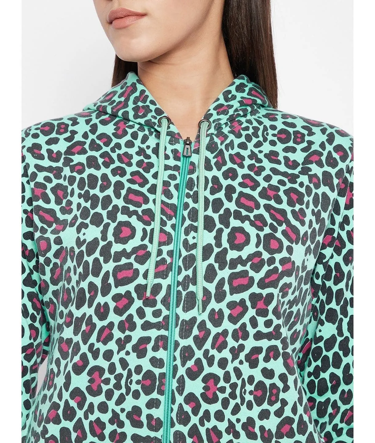 Animal Print Cotton Zippered Hoodie with Pockets