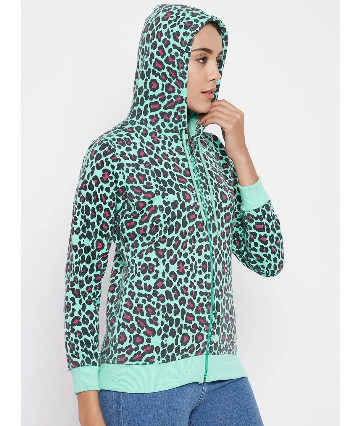 Animal Print Cotton Zippered Hoodie with Pockets