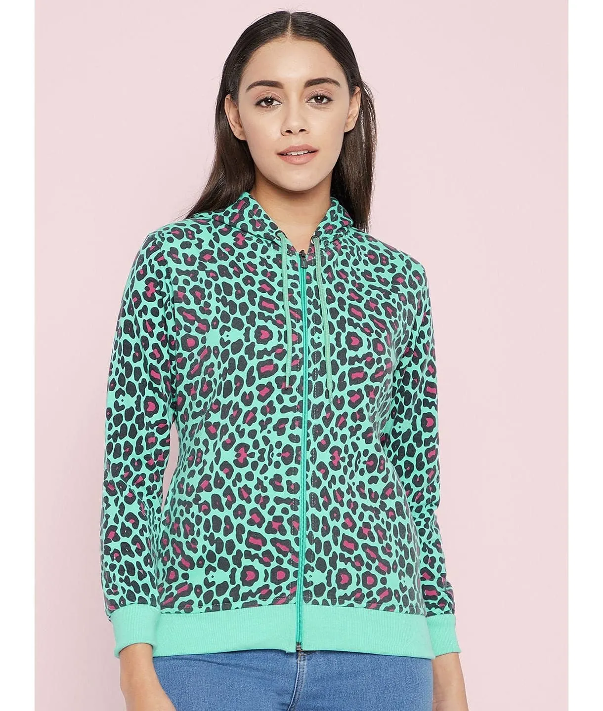 Animal Print Cotton Zippered Hoodie with Pockets