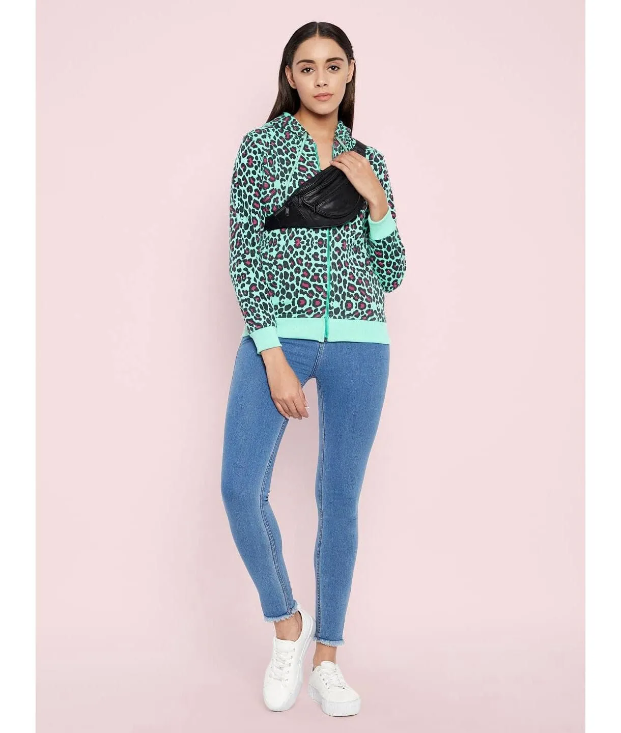 Animal Print Cotton Zippered Hoodie with Pockets