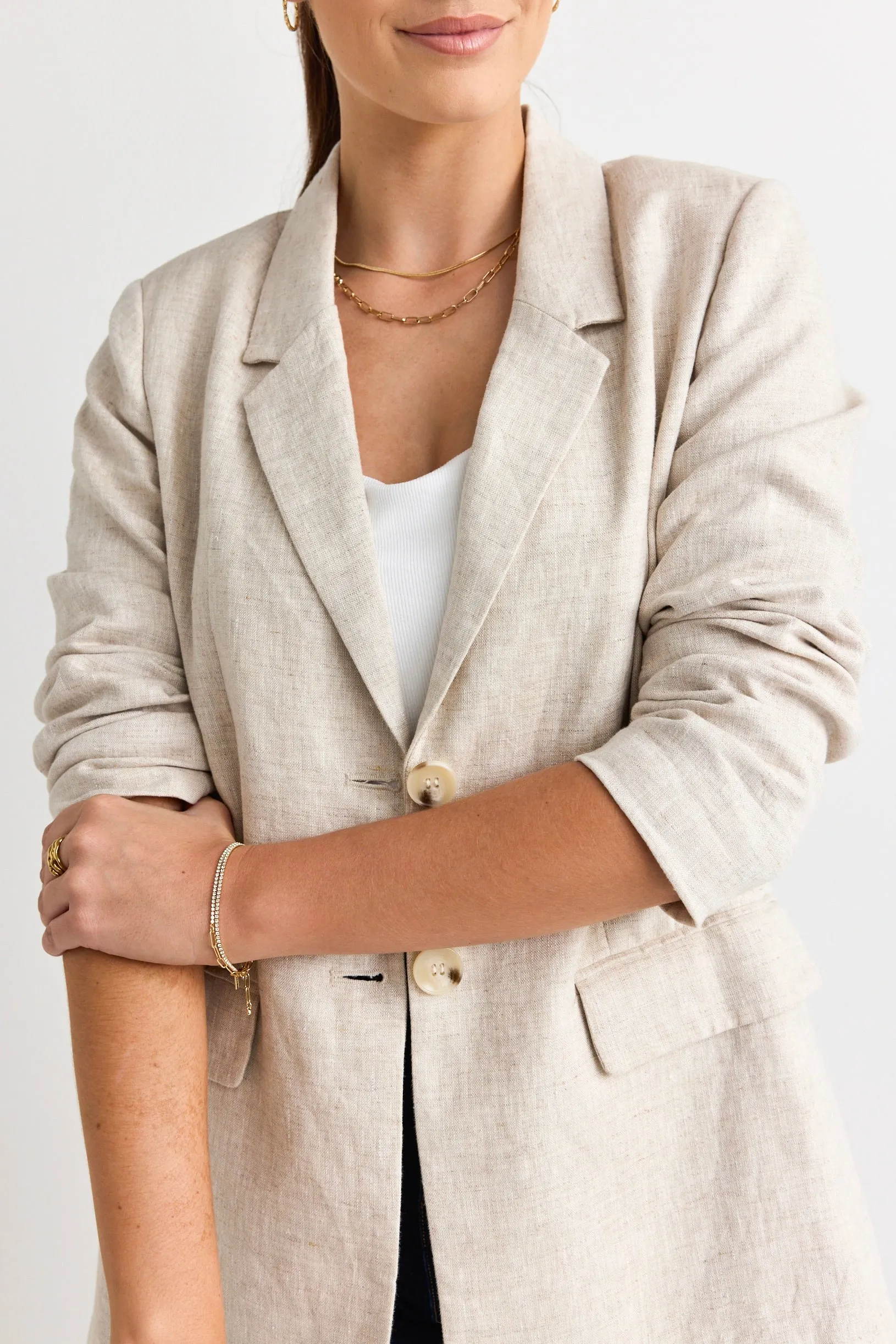 Aster Natural Linen Single Breasted Longline Blazer