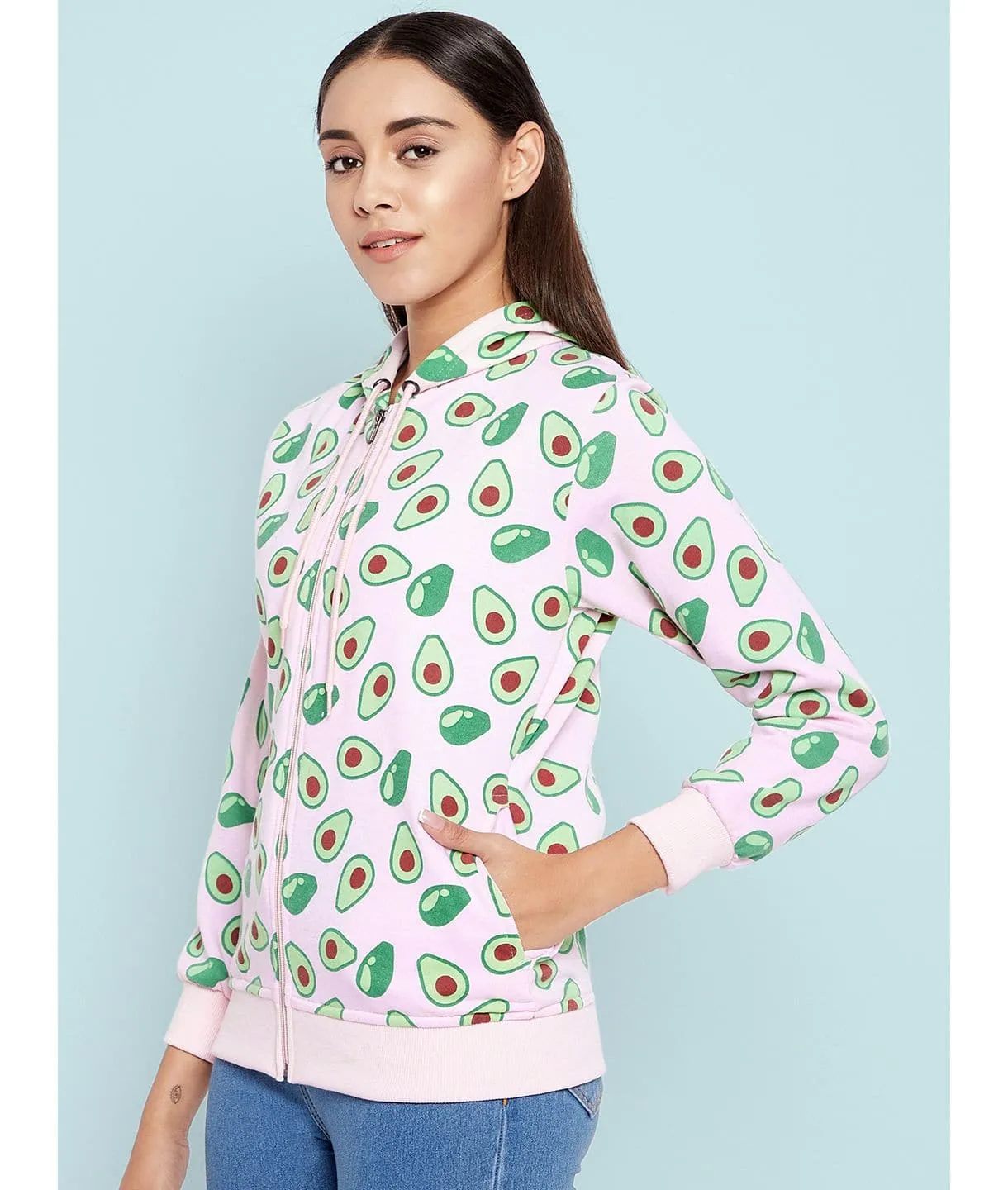 Avocado Print Cotton Zippered Hoodie with Pockets