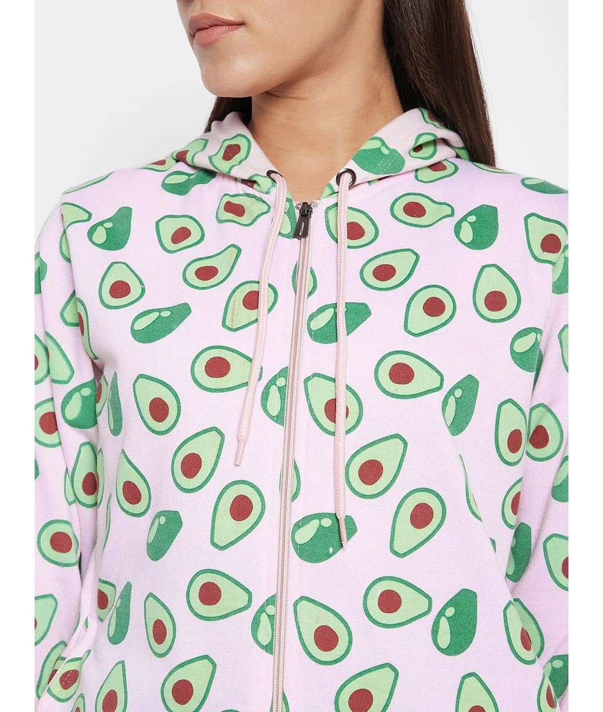 Avocado Print Cotton Zippered Hoodie with Pockets