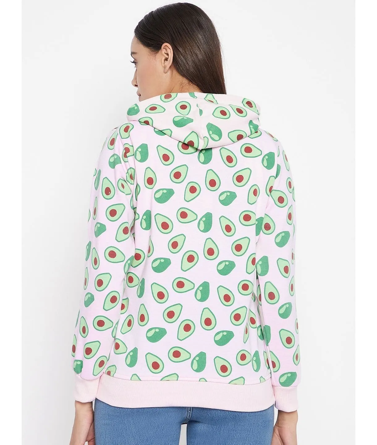 Avocado Print Cotton Zippered Hoodie with Pockets