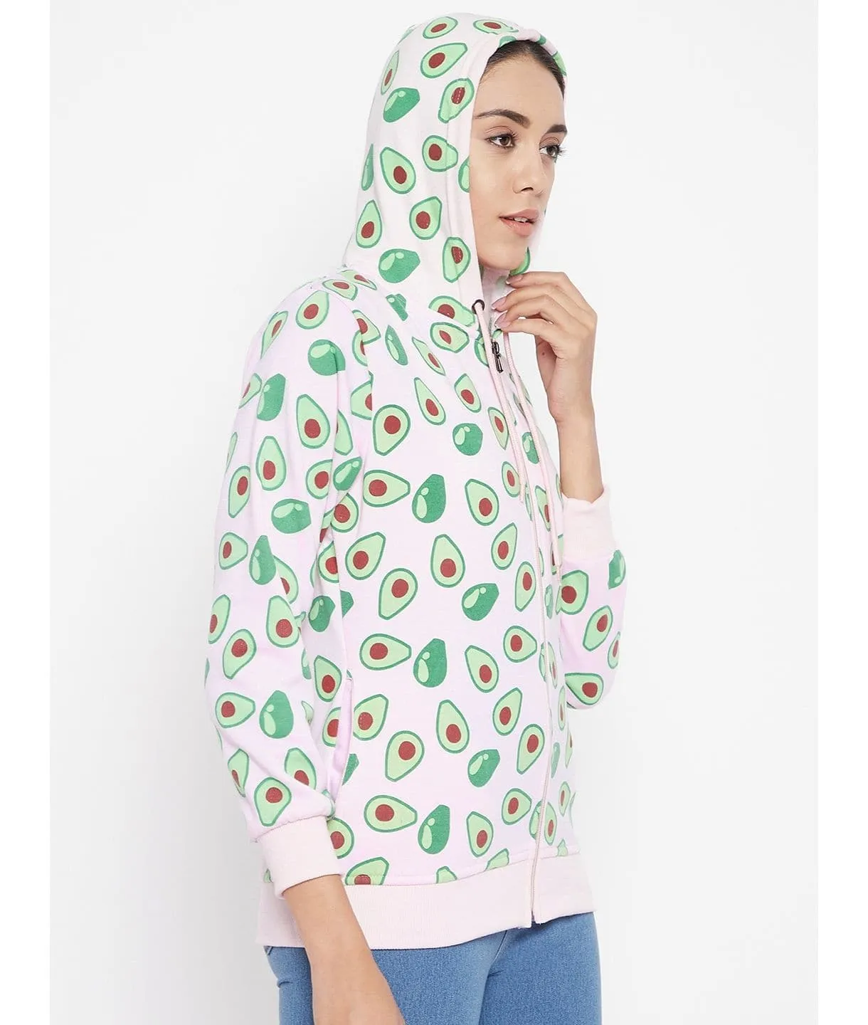 Avocado Print Cotton Zippered Hoodie with Pockets