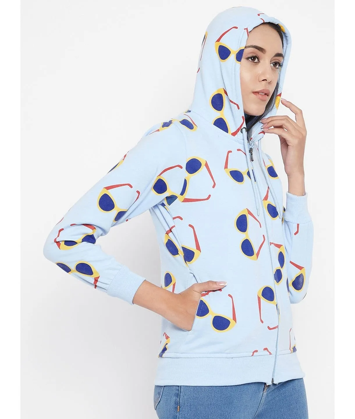 Avocado Print Cotton Zippered Hoodie with Pockets