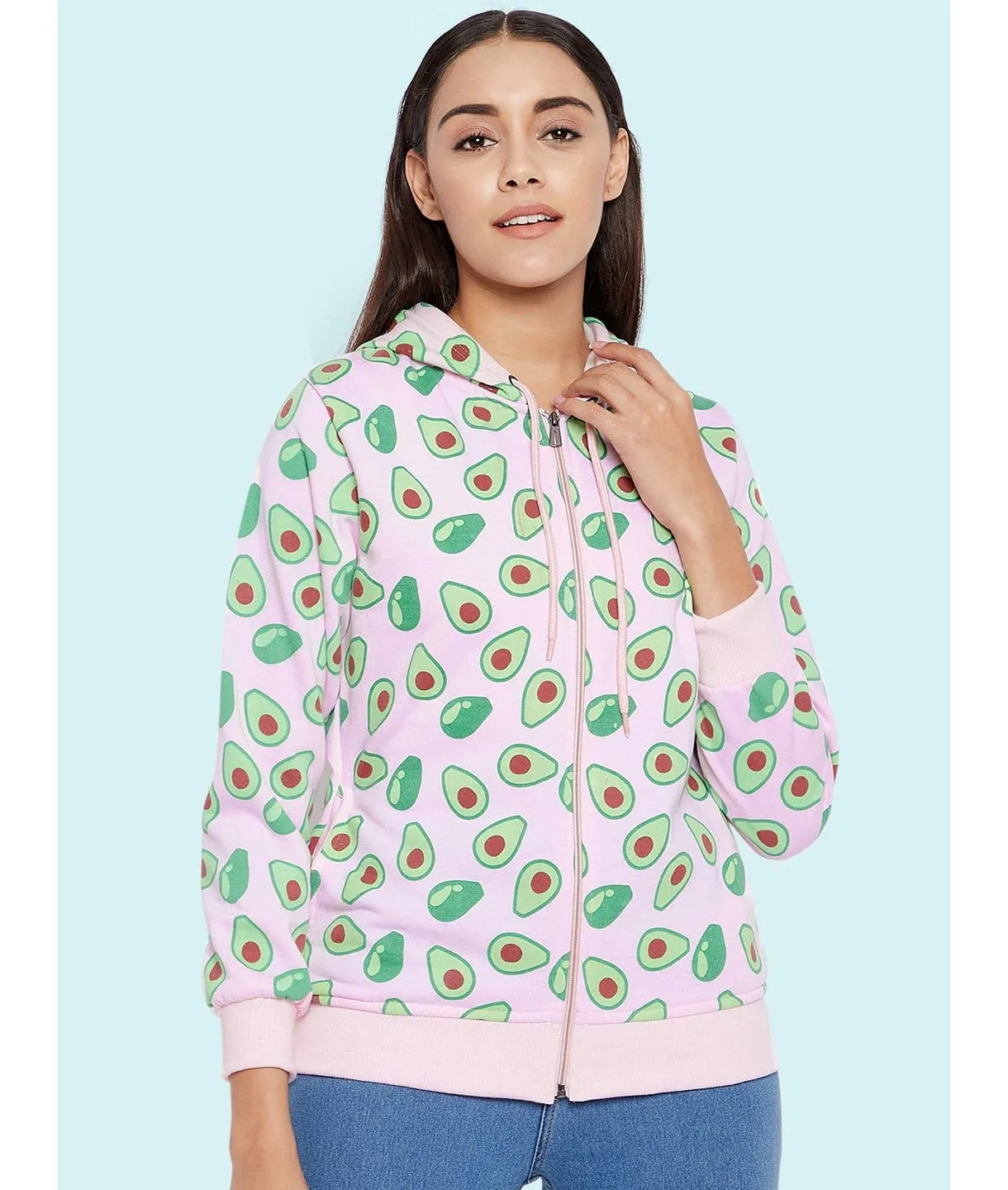 Avocado Print Cotton Zippered Hoodie with Pockets