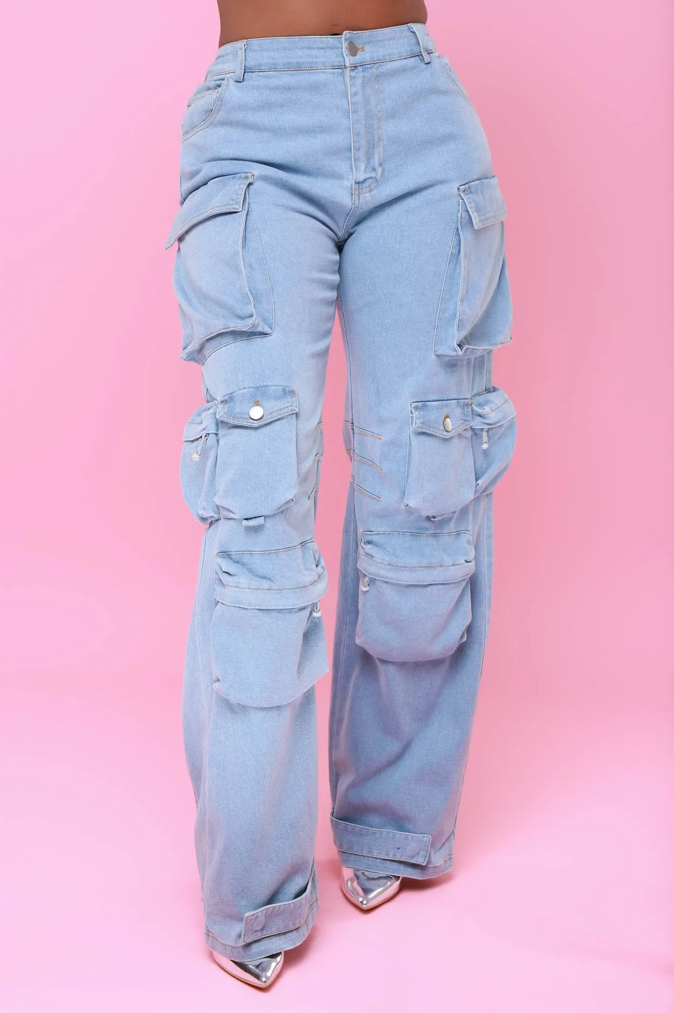 Baggy Multi Pocket Long Cargo Pants - Light Wash Denim