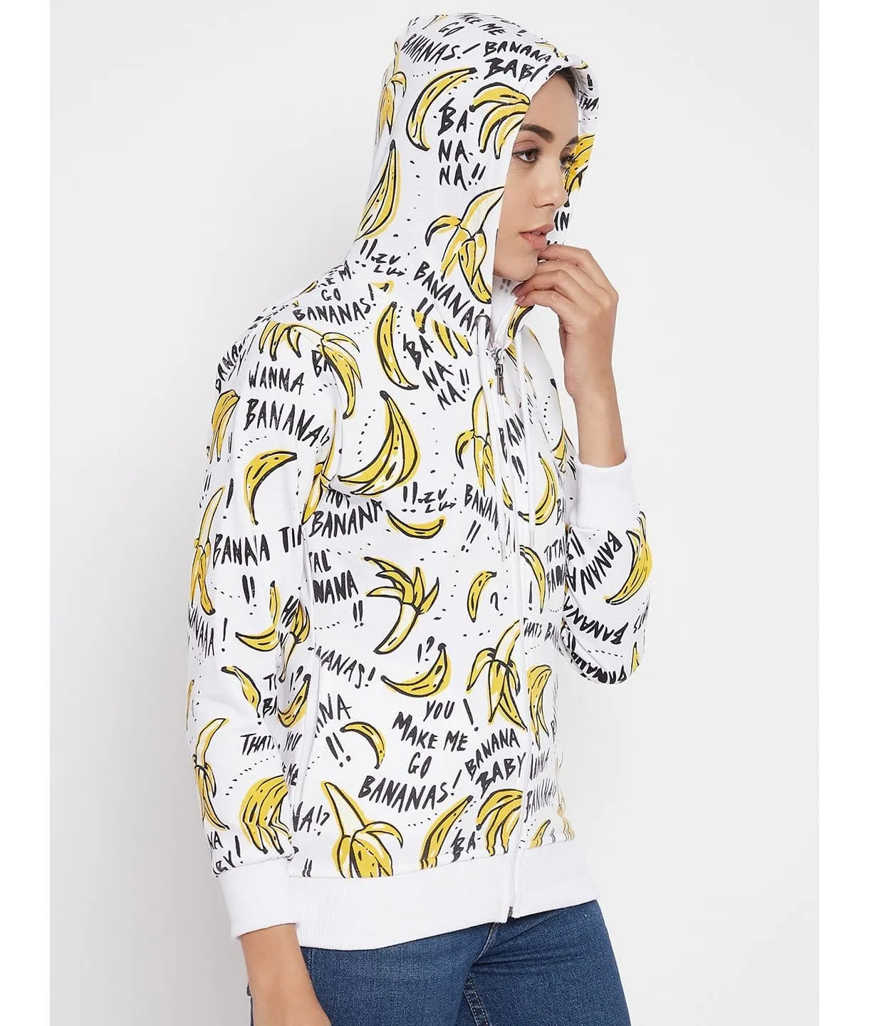 Banana Print Cotton Zippered Hoodie with Pockets