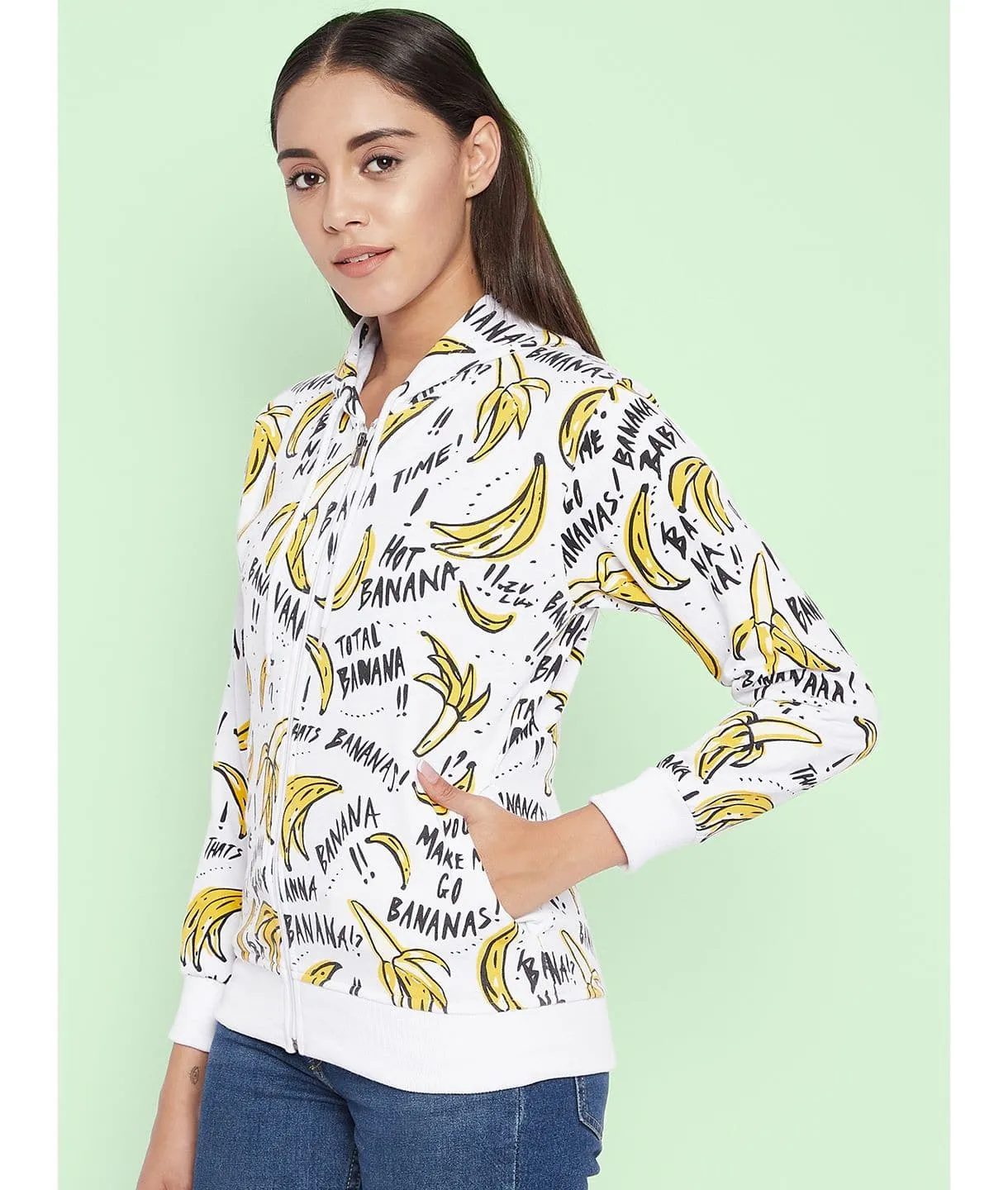 Banana Print Cotton Zippered Hoodie with Pockets