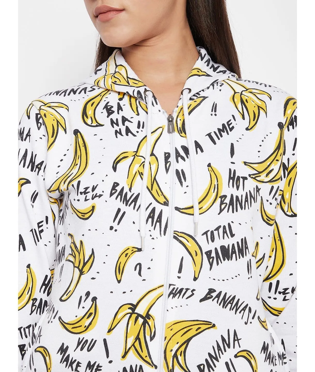 Banana Print Cotton Zippered Hoodie with Pockets