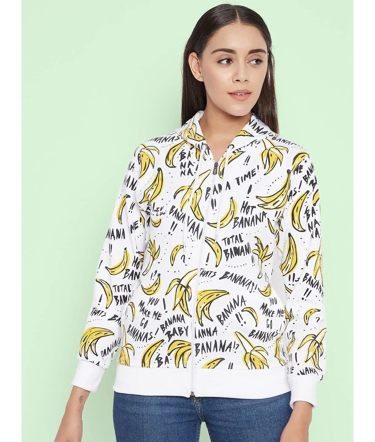 Banana Print Cotton Zippered Hoodie with Pockets