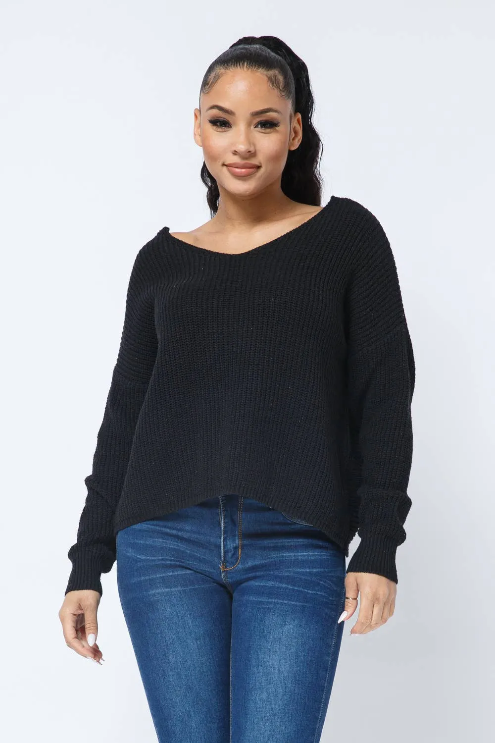 Black Twist Open Back Loose Fit V Neck Long Sleeve Cozy Sweater