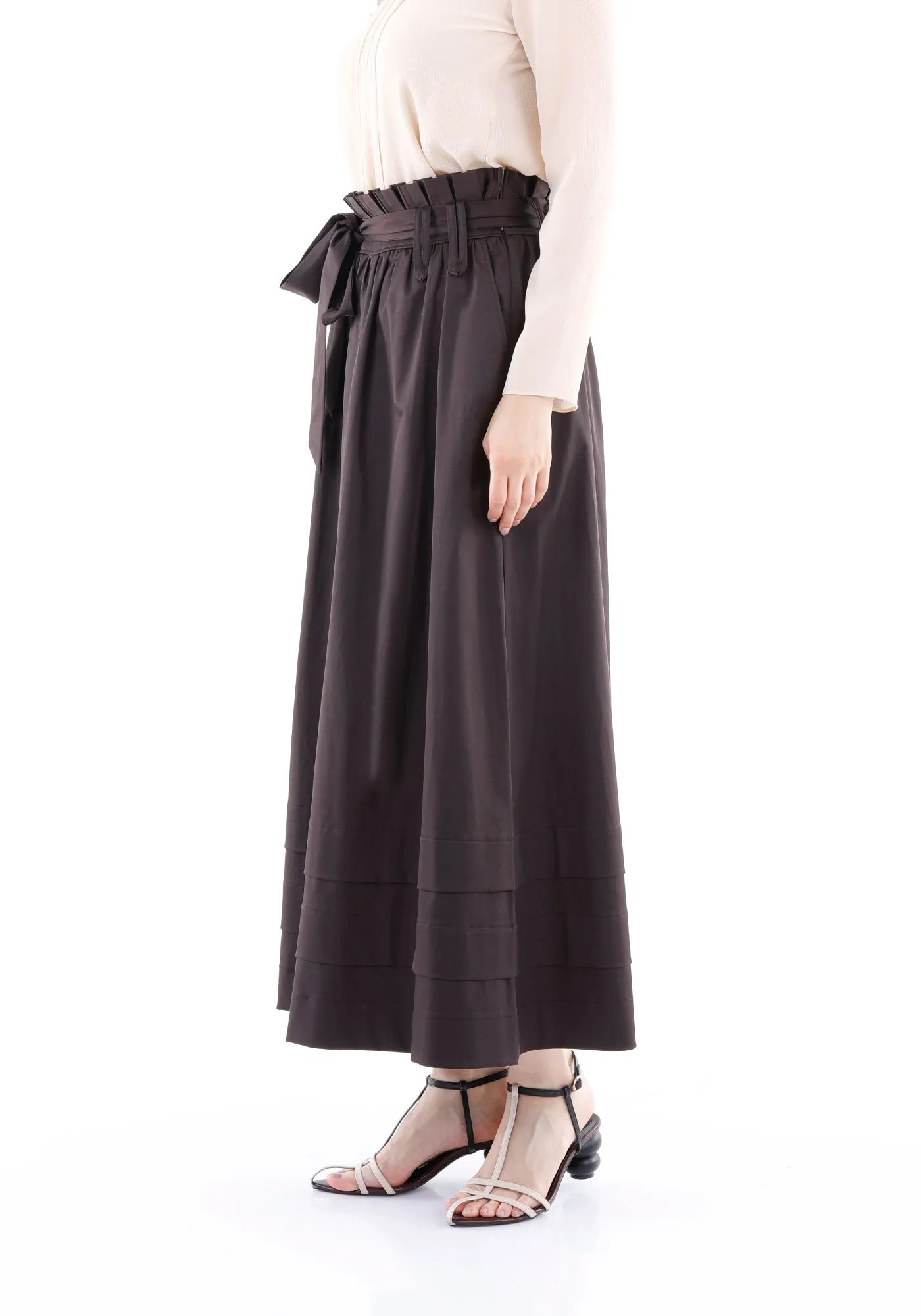 Brown Paper Bag Flared A-Line Maxi Skirt With Pockets And Belt