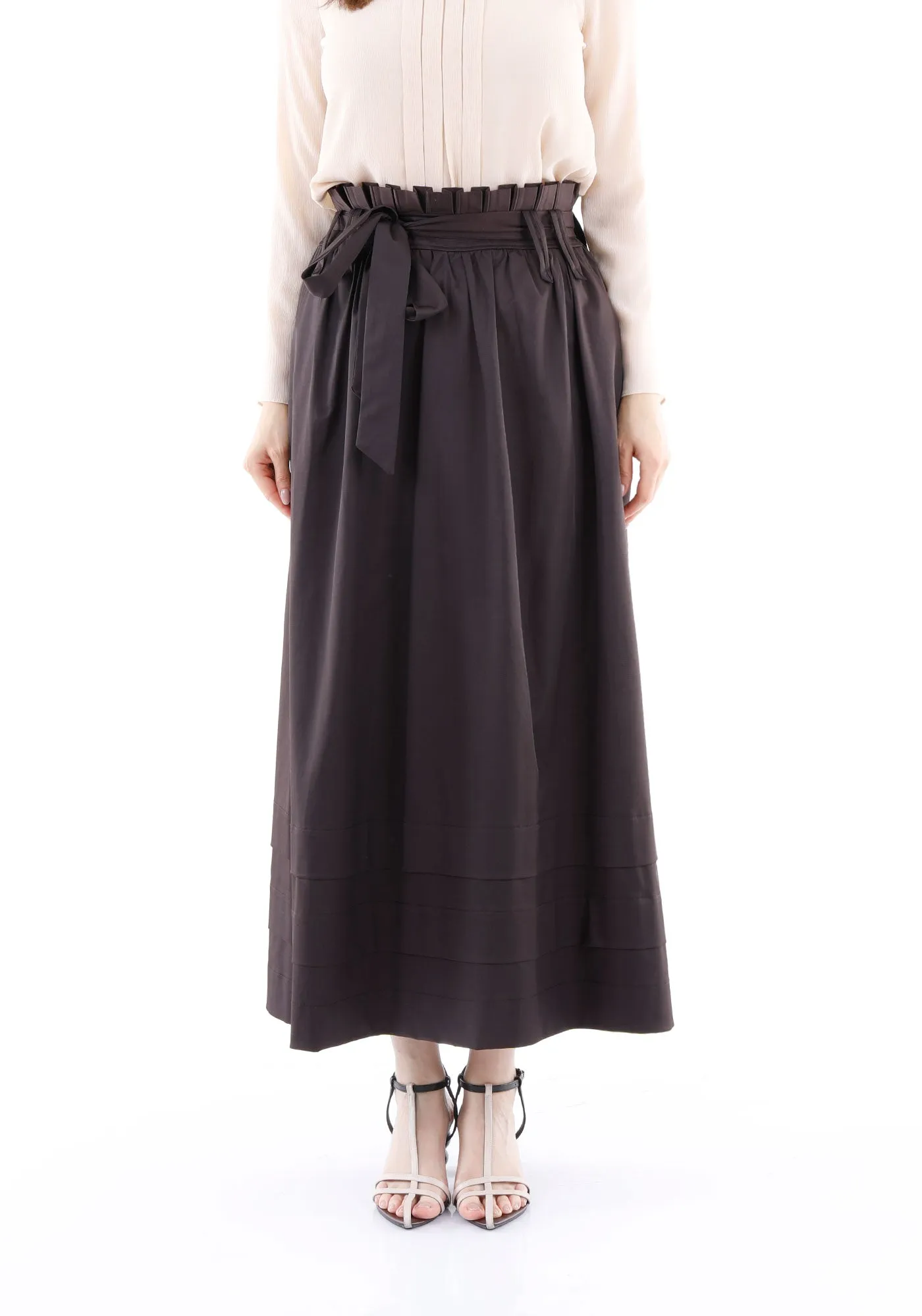 Brown Paper Bag Flared A-Line Maxi Skirt With Pockets And Belt