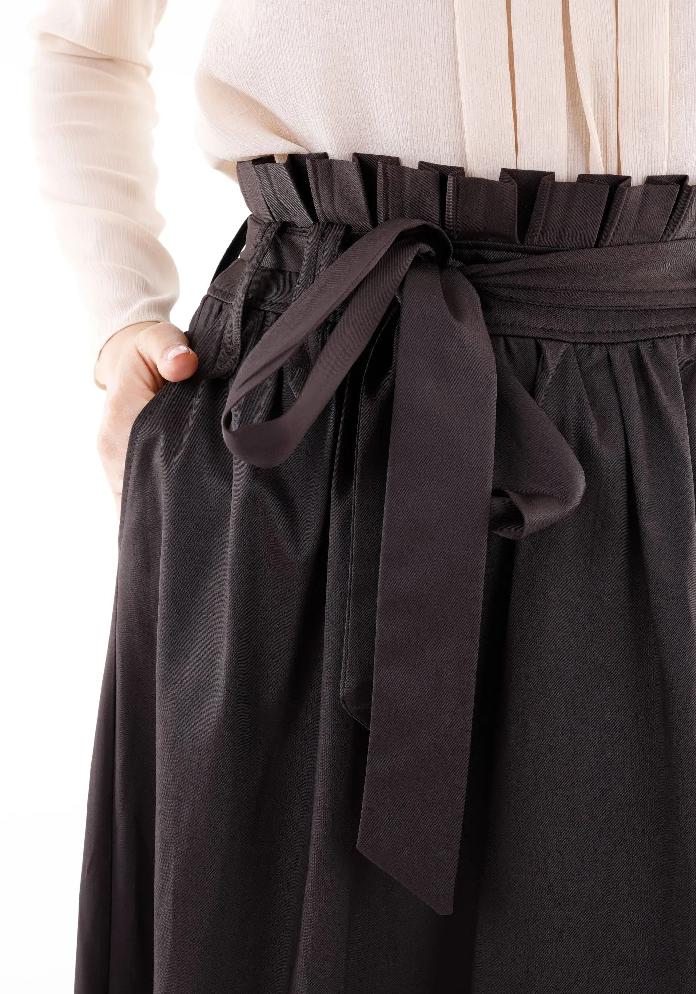 Brown Paper Bag Flared A-Line Maxi Skirt With Pockets And Belt