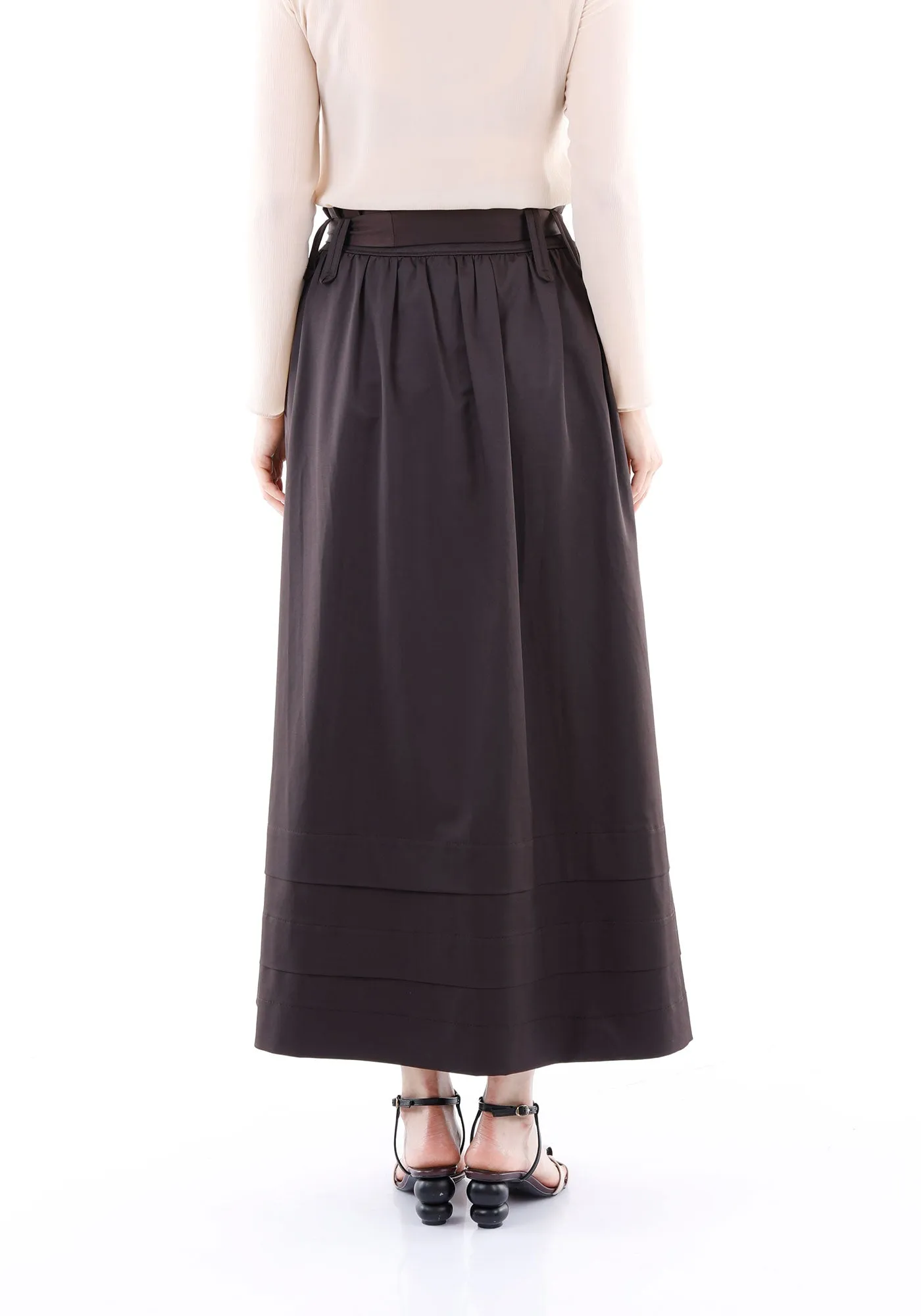 Brown Paper Bag Flared A-Line Maxi Skirt With Pockets And Belt