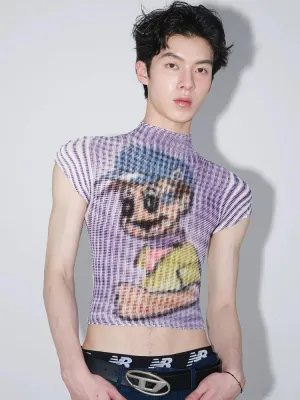 Cartoon Dog Print Ribbed Crop Top