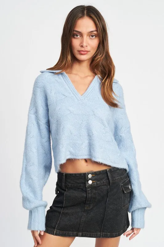 COLLARED CABLE KNIT BOXY SWEATER