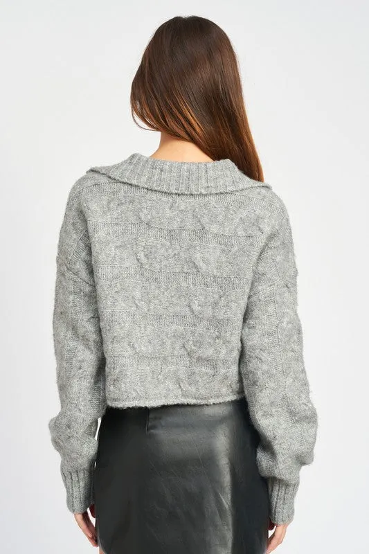 COLLARED CABLE KNIT BOXY SWEATER