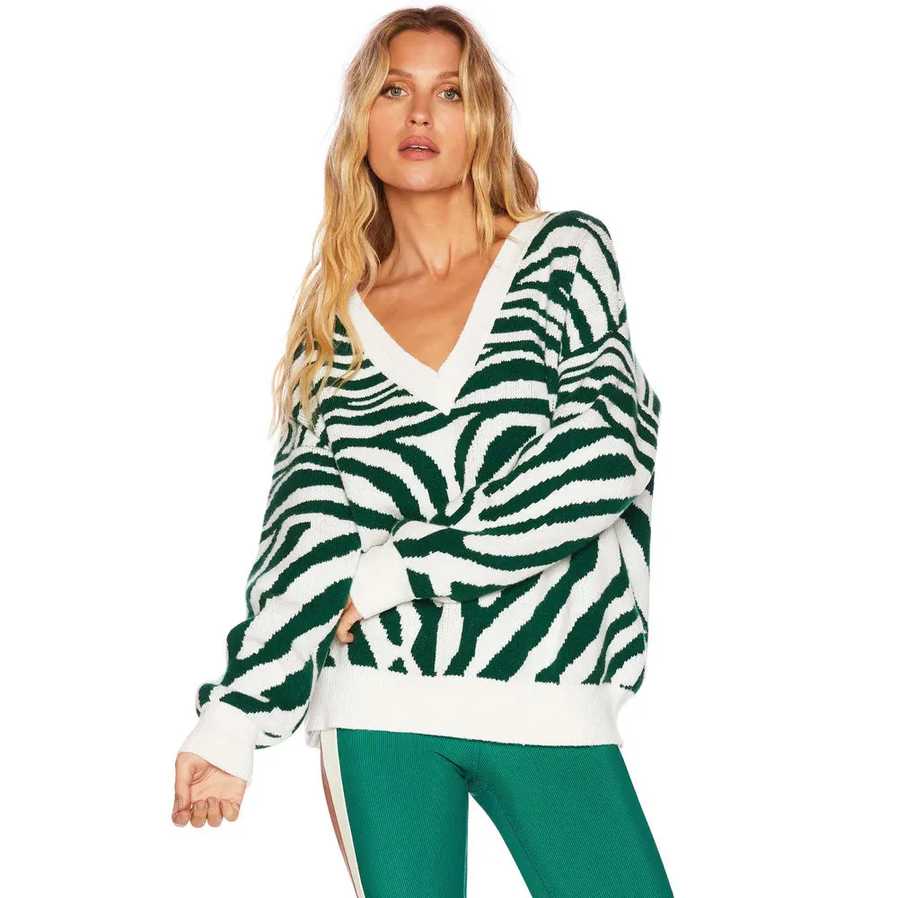 Contrast Green Zebra Pattern V Neck Oversized Pullover Sweater