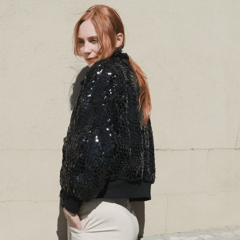 Crushed Faux Fur - Shimmer Embellished Bomber Jacket - Black - Limited Edition!