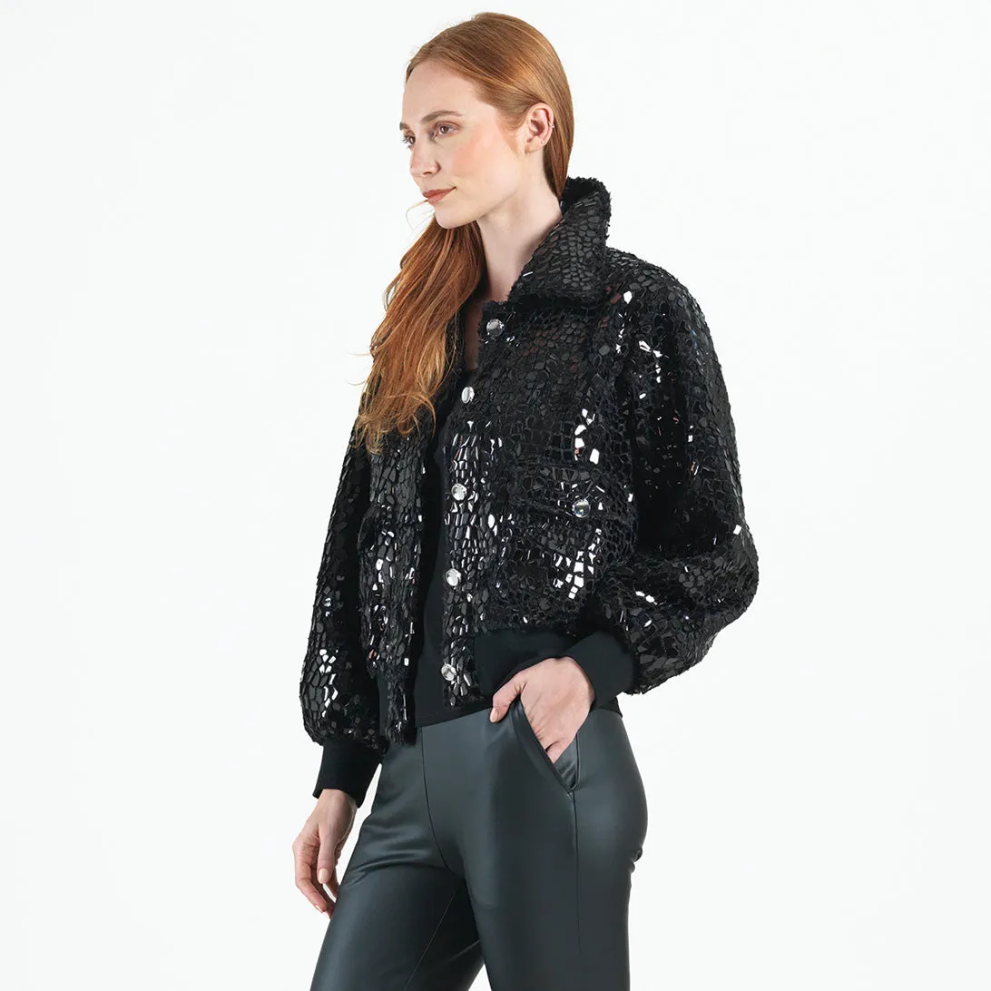 Crushed Faux Fur - Shimmer Embellished Bomber Jacket - Black - Limited Edition!