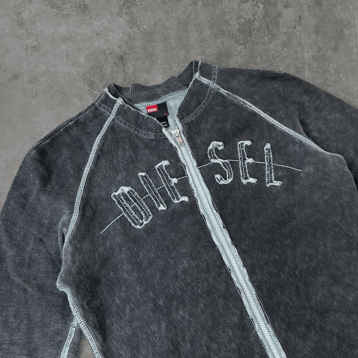 DIESEL DISTRESSED ZIP-UP SWEATSHIRT - S