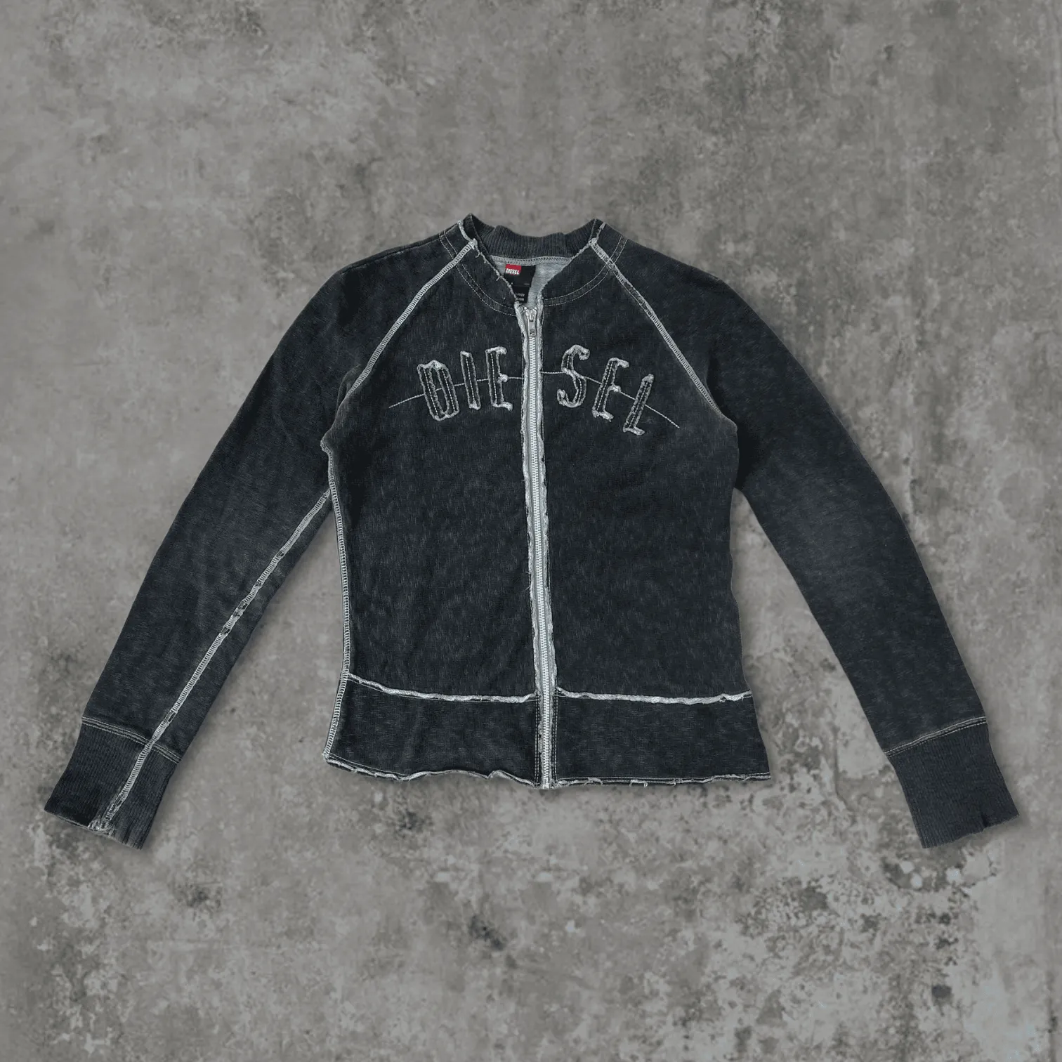 DIESEL DISTRESSED ZIP-UP SWEATSHIRT - S