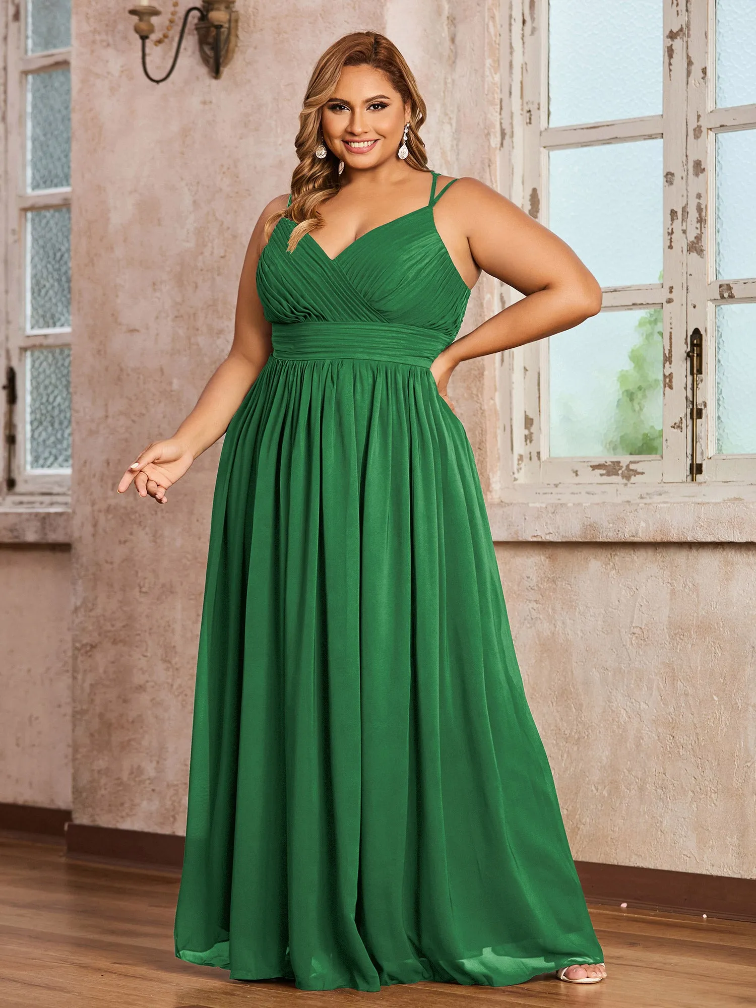 Double Straps Chiffon Dresses with Sweetheart Emerald Plus Size