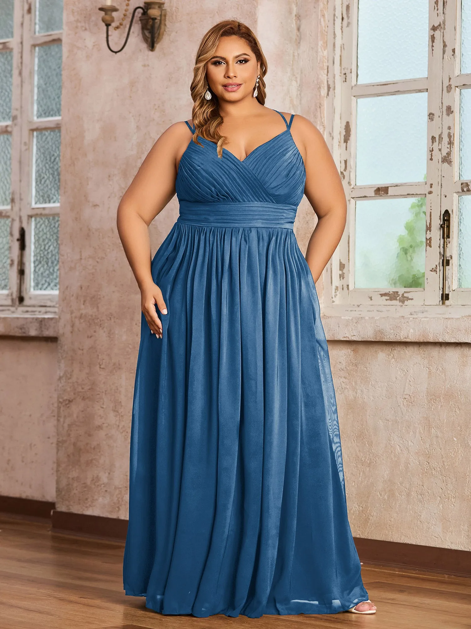 Double Straps Chiffon Dresses with Sweetheart Ink Blue Plus Size