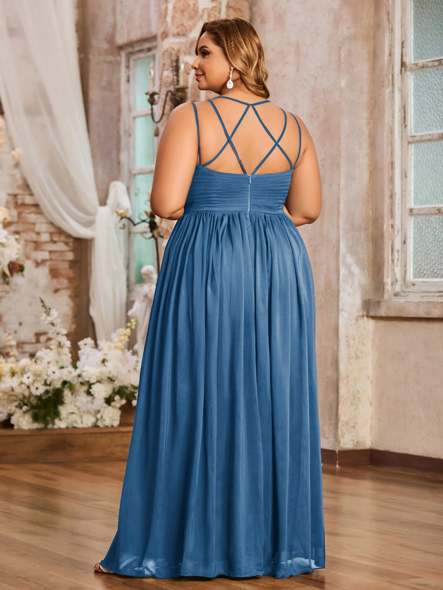 Double Straps Chiffon Dresses with Sweetheart Ink Blue Plus Size