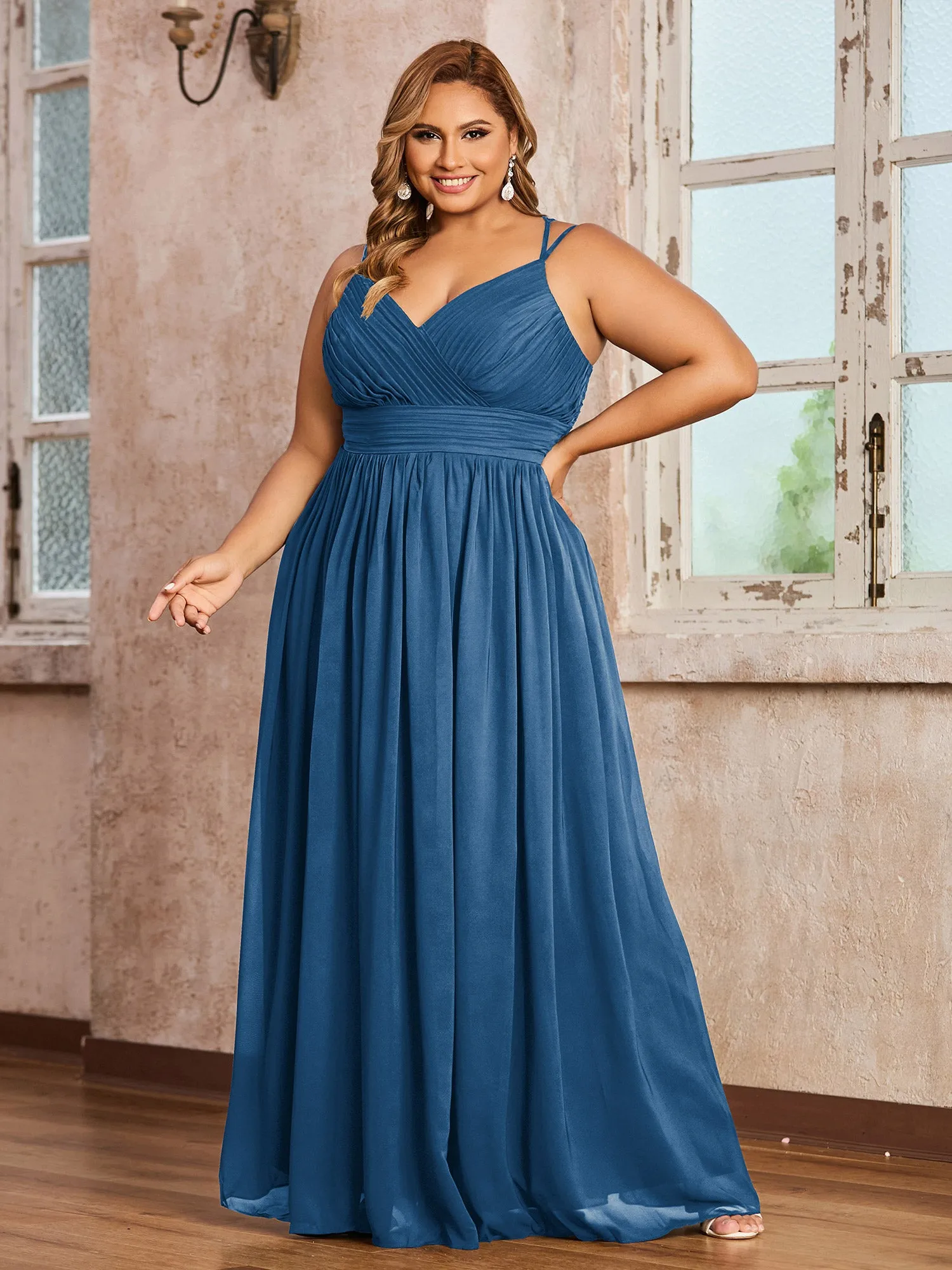 Double Straps Chiffon Dresses with Sweetheart Ink Blue Plus Size