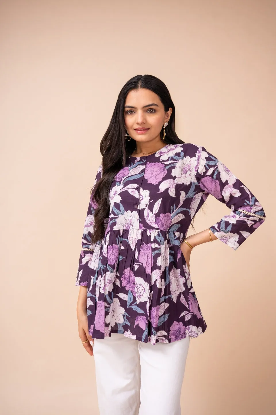 Ekisha's women dark purple floral printed cotton tunic top short kurti