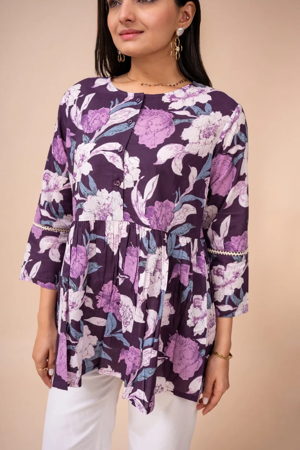 Ekisha's women dark purple floral printed cotton tunic top short kurti