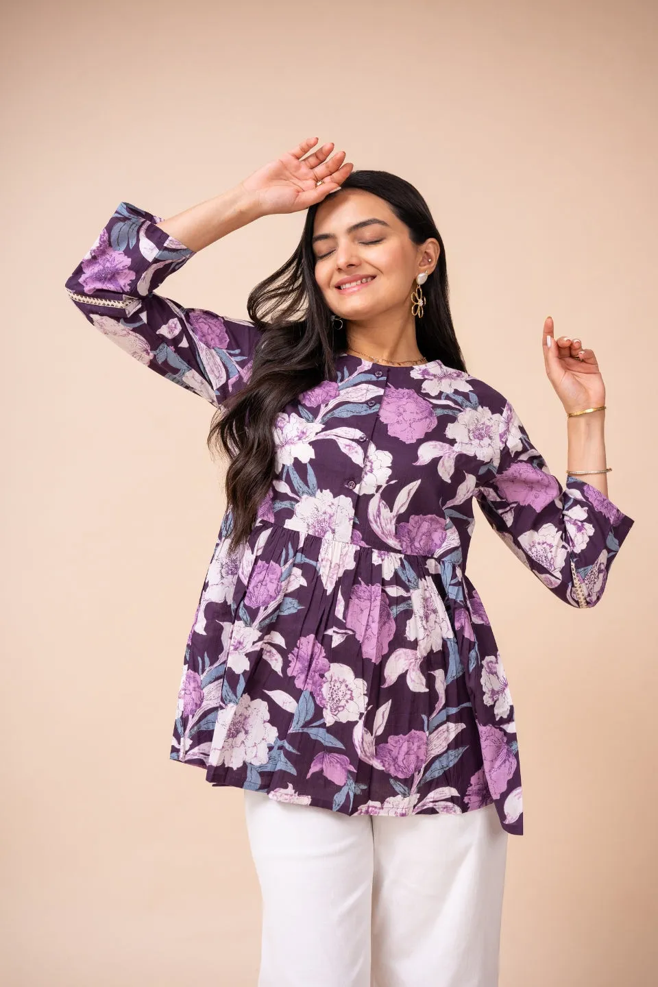 Ekisha's women dark purple floral printed cotton tunic top short kurti