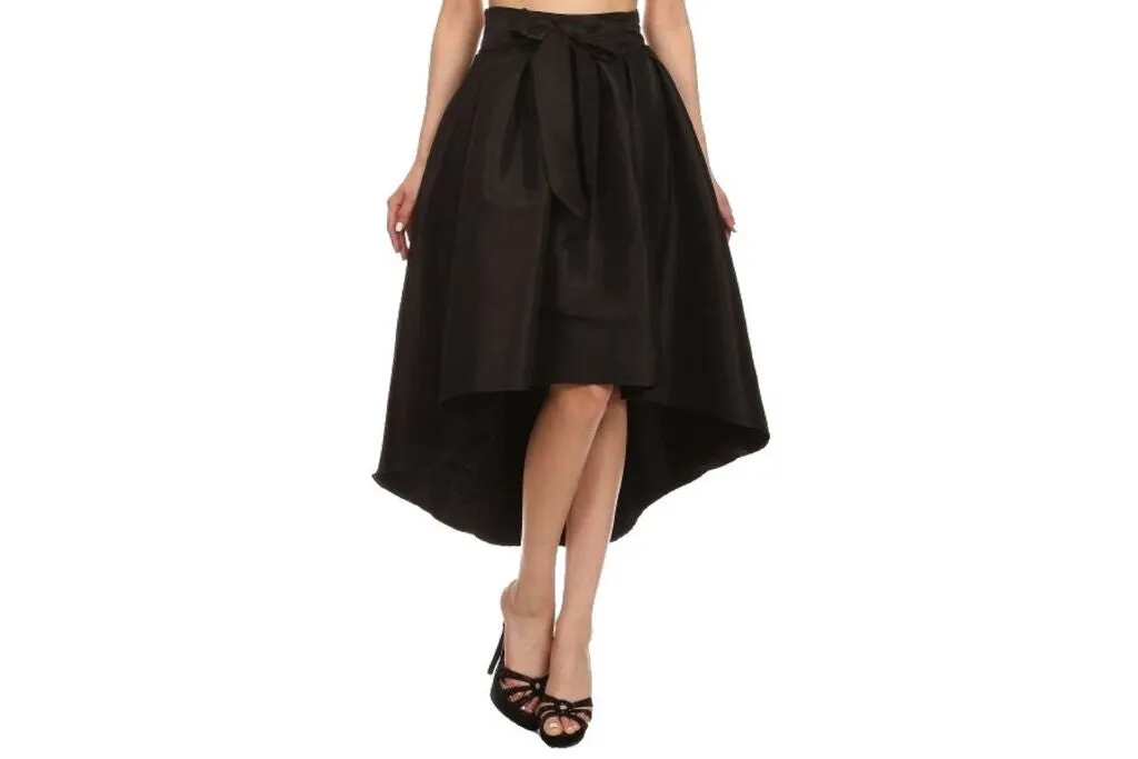 Flared High Low Long Skirt with Ribbon Accent