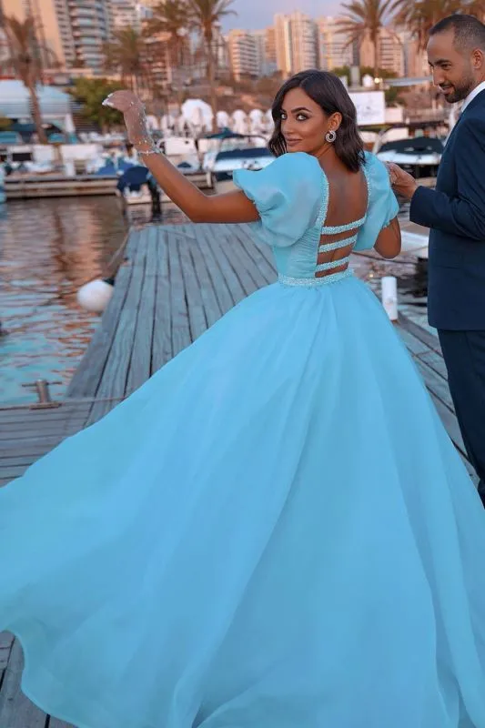 Glamorous Tulle Lake Blue Sequins Mermaid Prom Dresses With Detachable