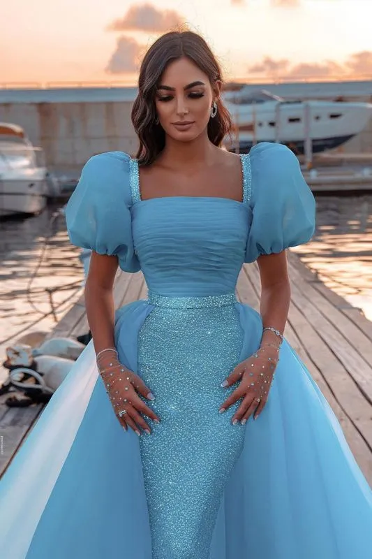 Glamorous Tulle Lake Blue Sequins Mermaid Prom Dresses With Detachable