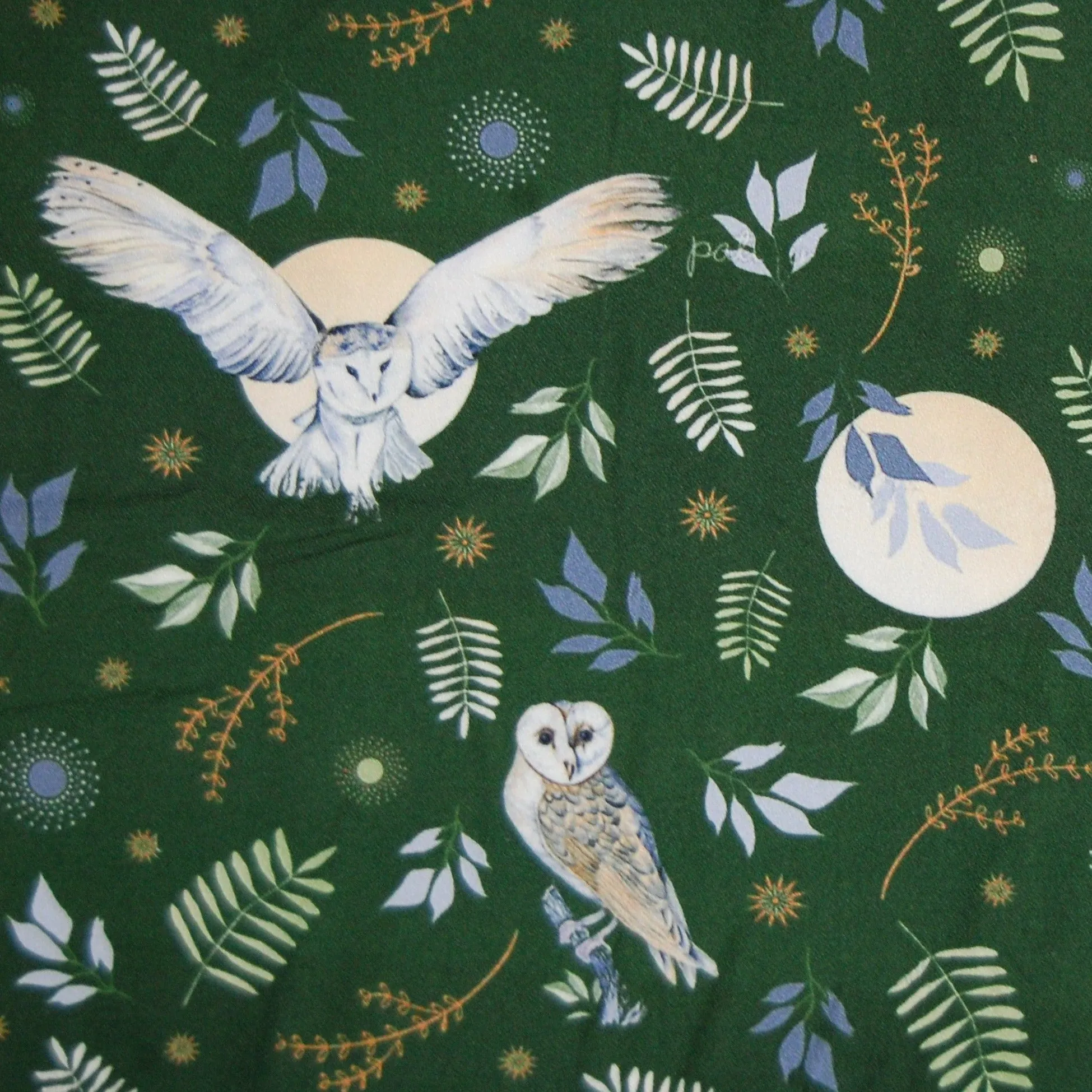 Green Owl Print Spun Fabric