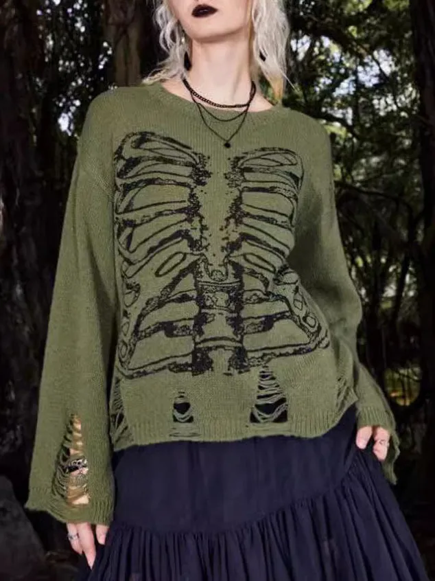 Halloween Skeleton Dark Style Ripped Long Sleeve Sweater