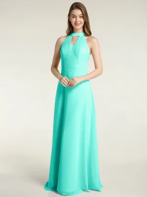 Halter Chiffon Long Bridesmaid Gowns with Low Back-Spa