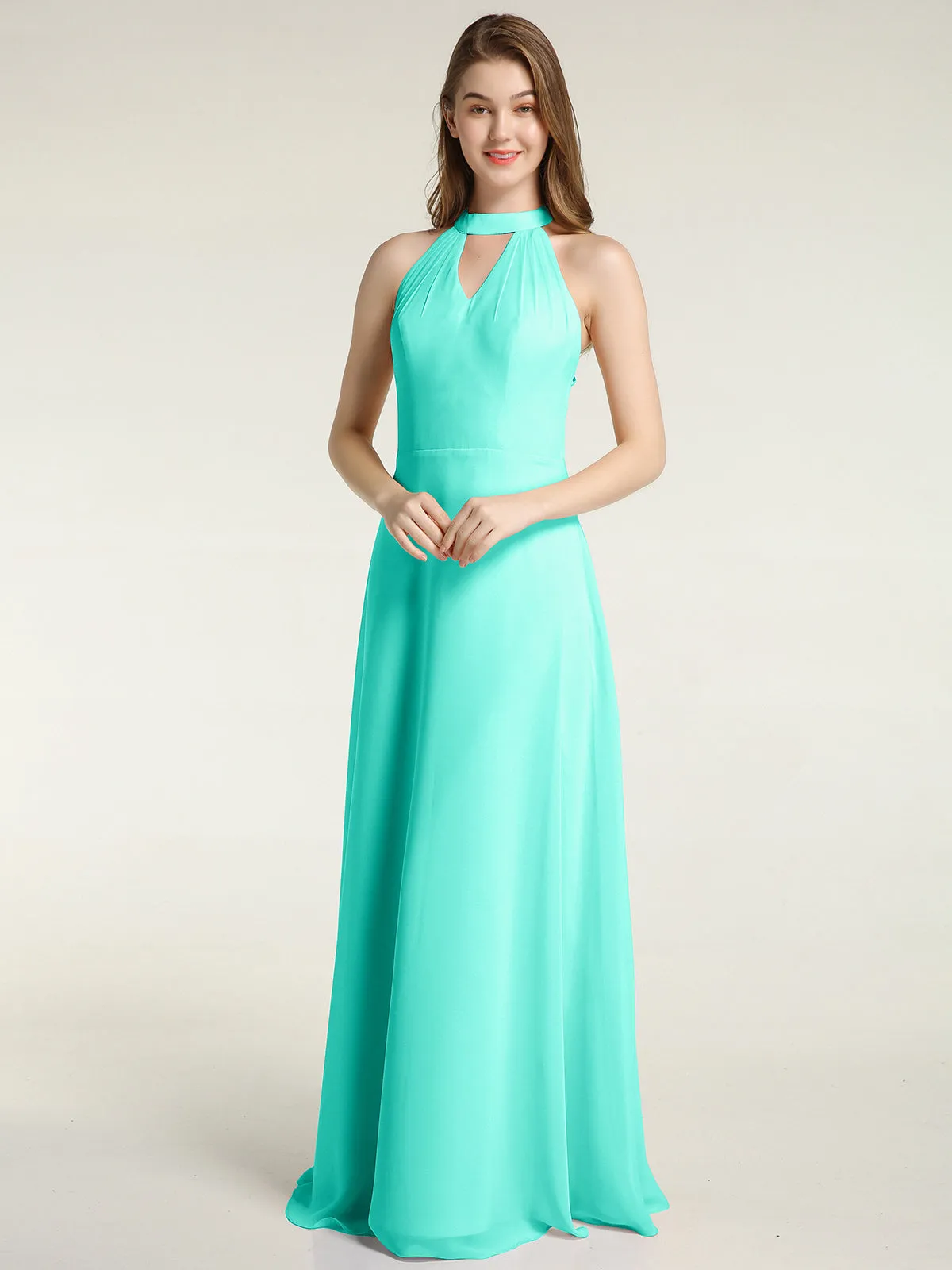 Halter Chiffon Long Bridesmaid Gowns with Low Back-Spa