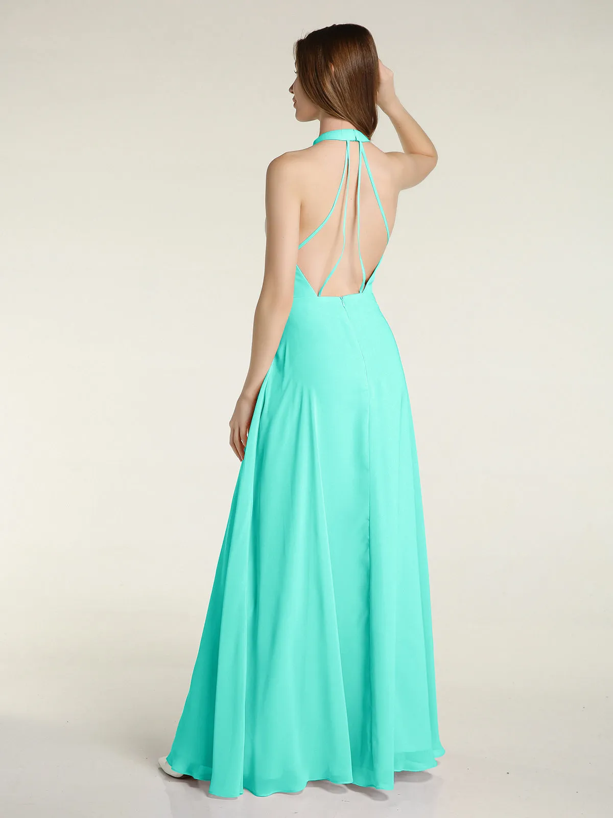 Halter Chiffon Long Bridesmaid Gowns with Low Back-Spa