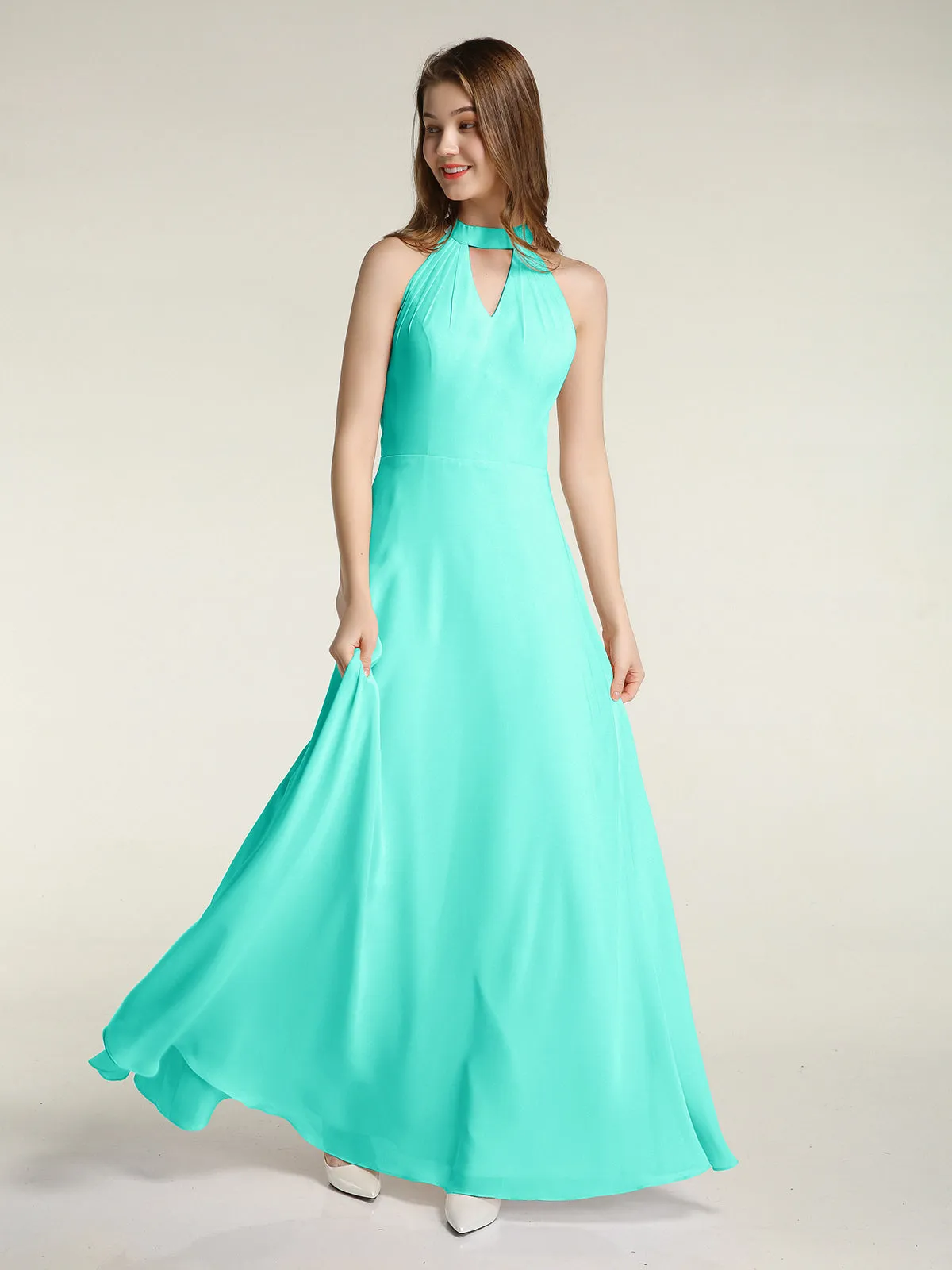 Halter Chiffon Long Bridesmaid Gowns with Low Back-Spa