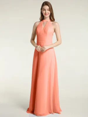 Halter Chiffon Long Bridesmaid Gowns with Low Back-Sunset