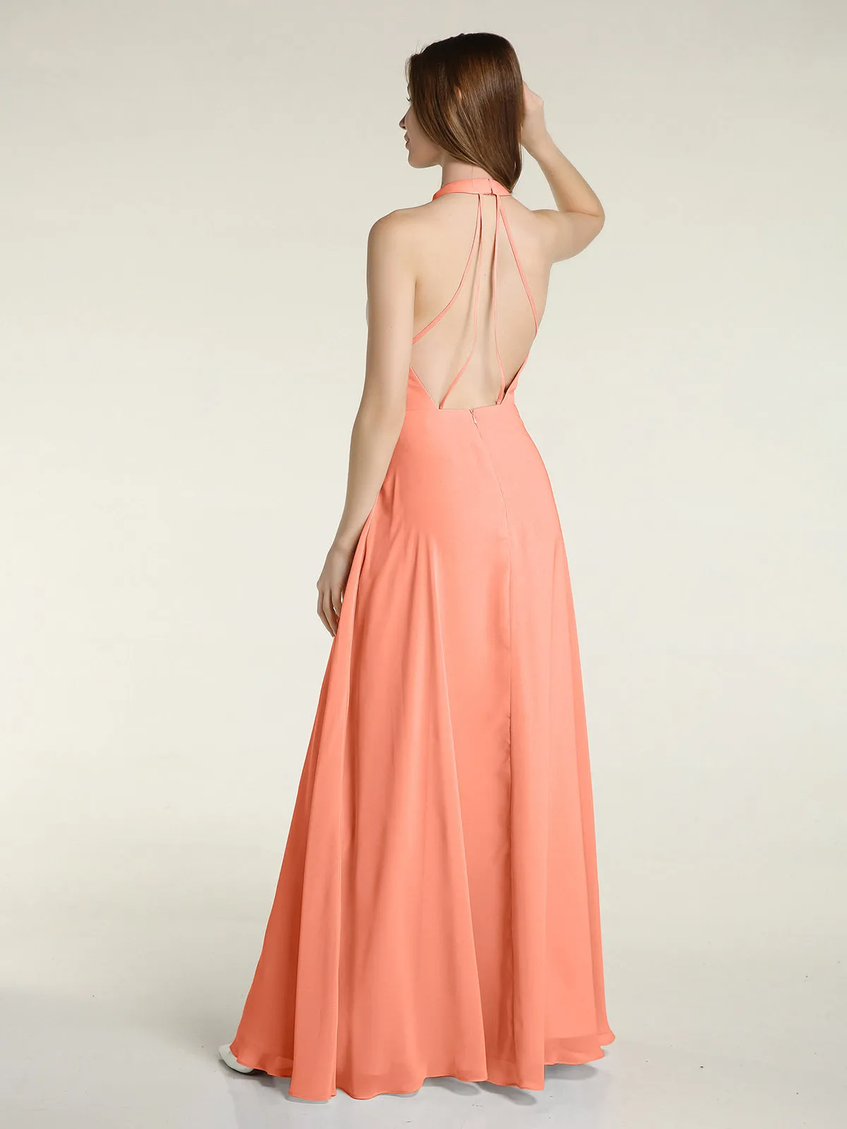 Halter Chiffon Long Bridesmaid Gowns with Low Back-Sunset