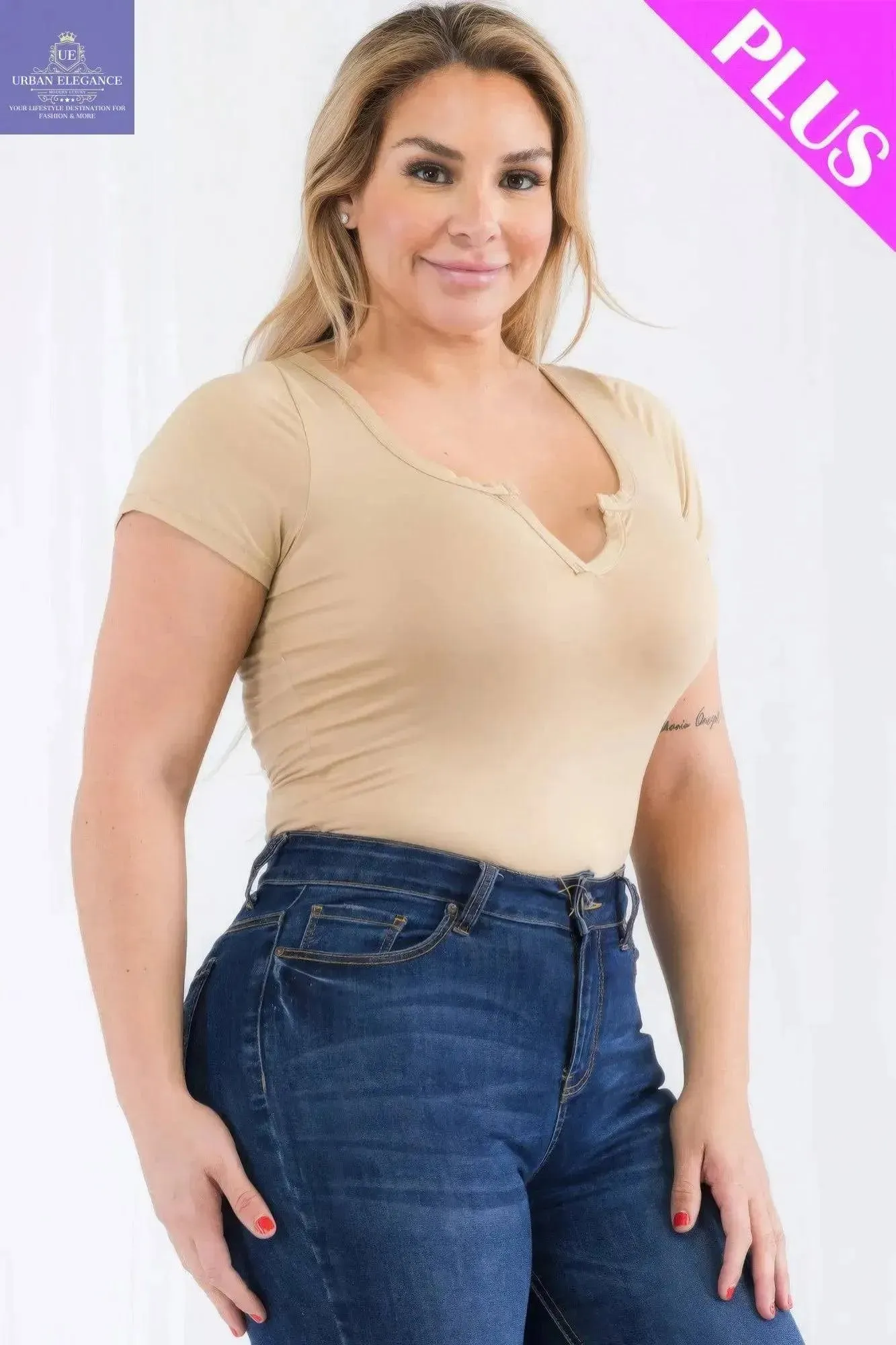 Khaki Split Neck Plus Size Bodysuit